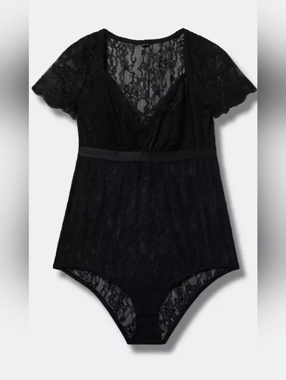 Torrid Black Lace Bodysuit Size 1 Plus Sheer V Neck Short Sleeve NWT